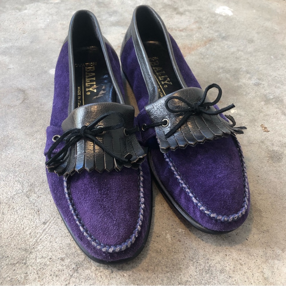Vintage Purple Bally Loafers Slipper Moccasin House Shoes  Black Suede Kiltie 7